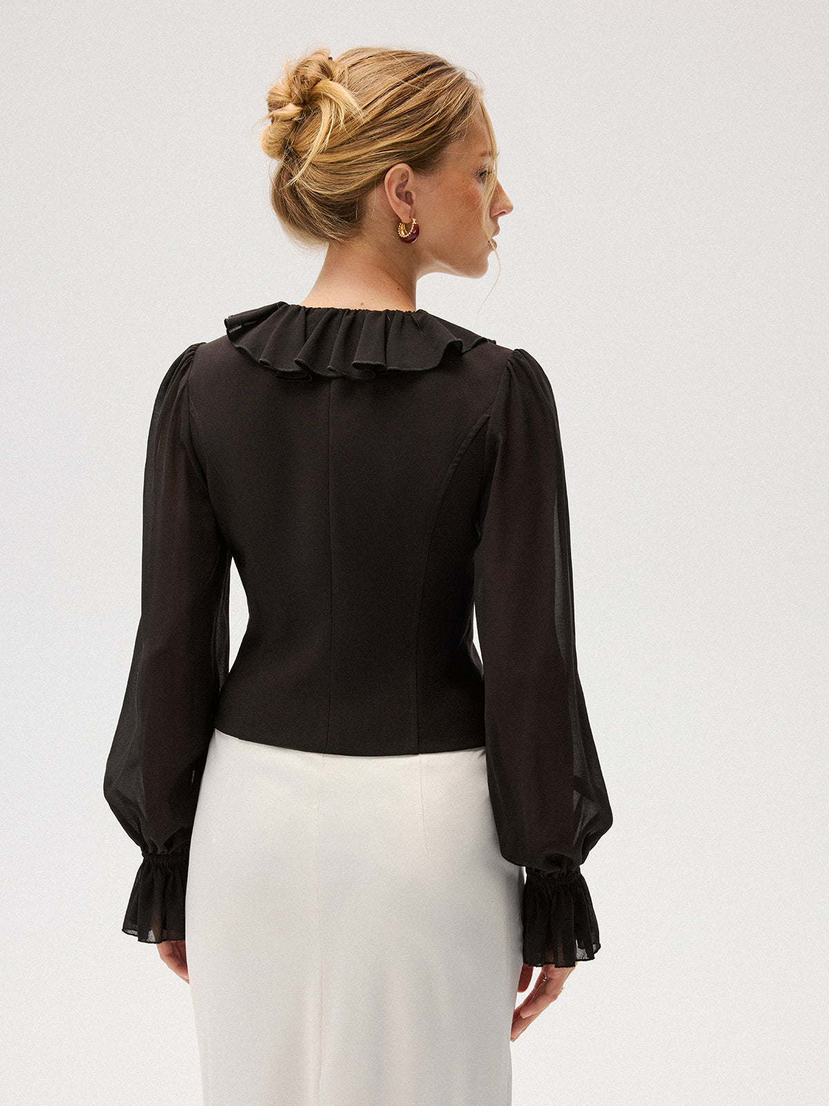 Chiffon Ruffle Rose Double-Breasted Blouse-Chicvia