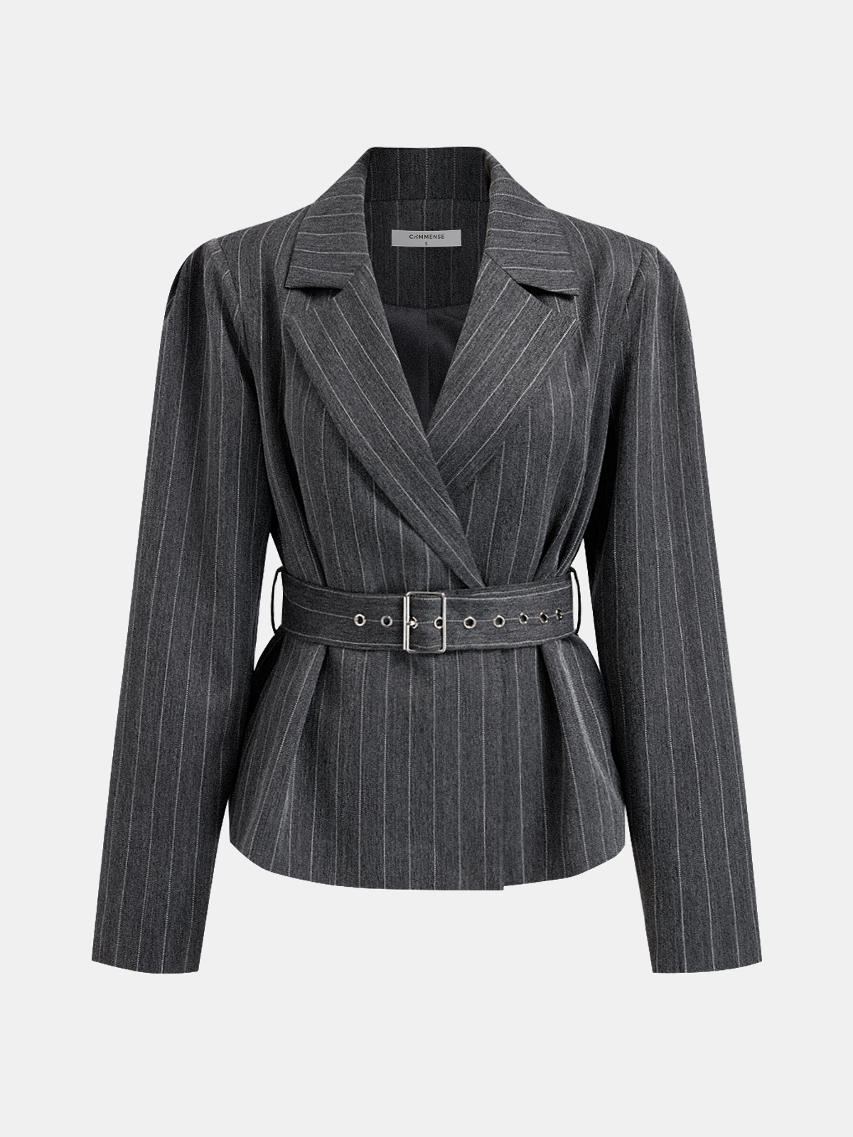Belted Pinstripe Lapel Blazer-Chicvia