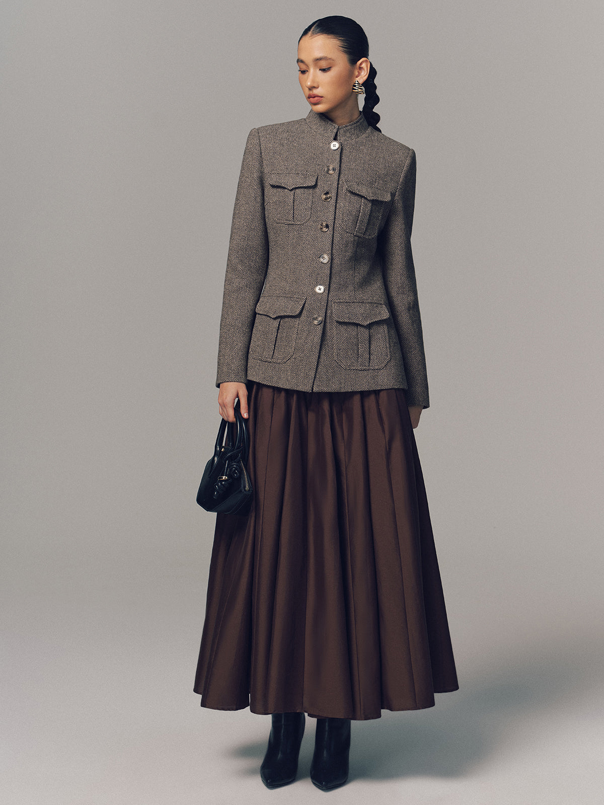 Herringbone Stand Collar Multi-Pocket Jacket-Chicvia