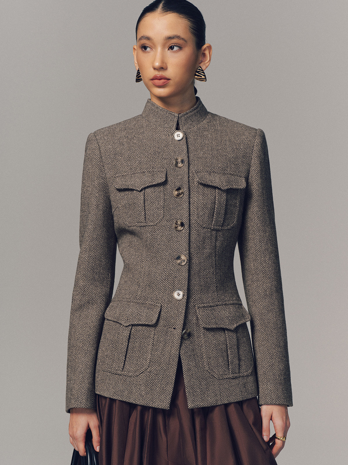 Herringbone Stand Collar Multi-Pocket Jacket-Chicvia