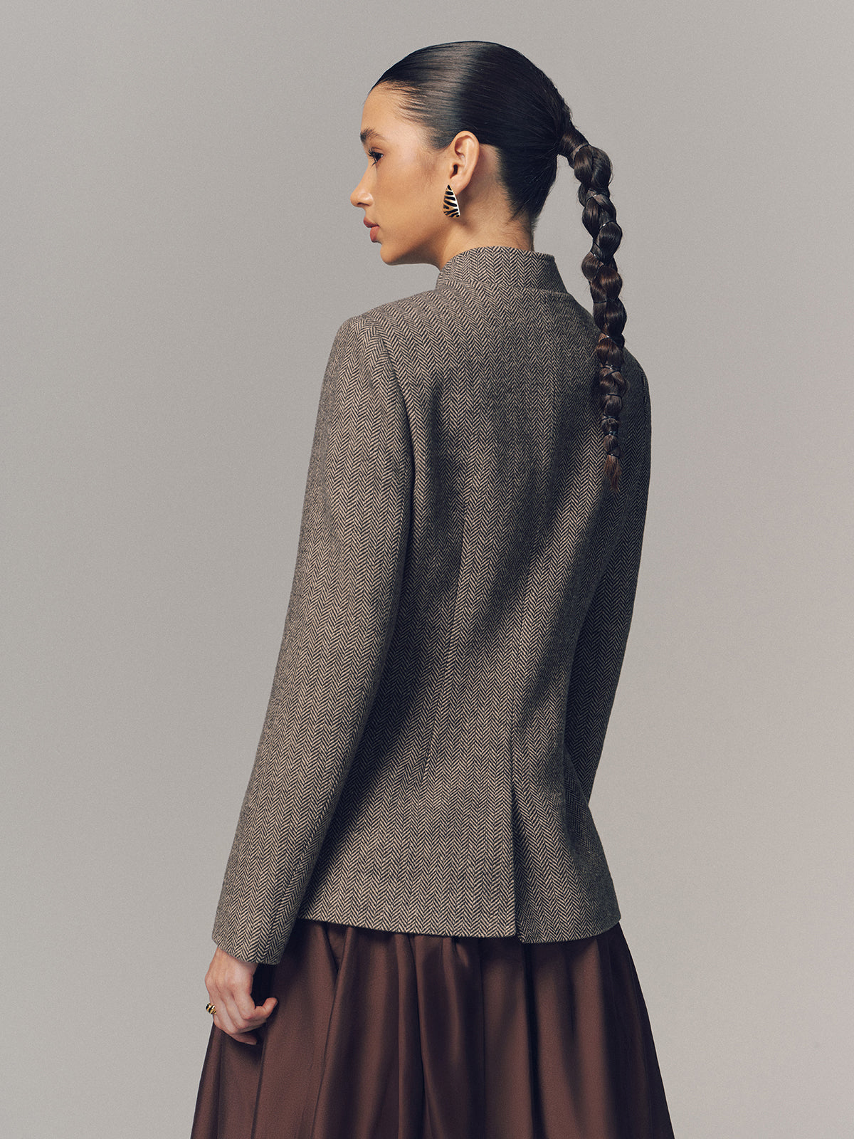 Herringbone Stand Collar Multi-Pocket Jacket-Chicvia