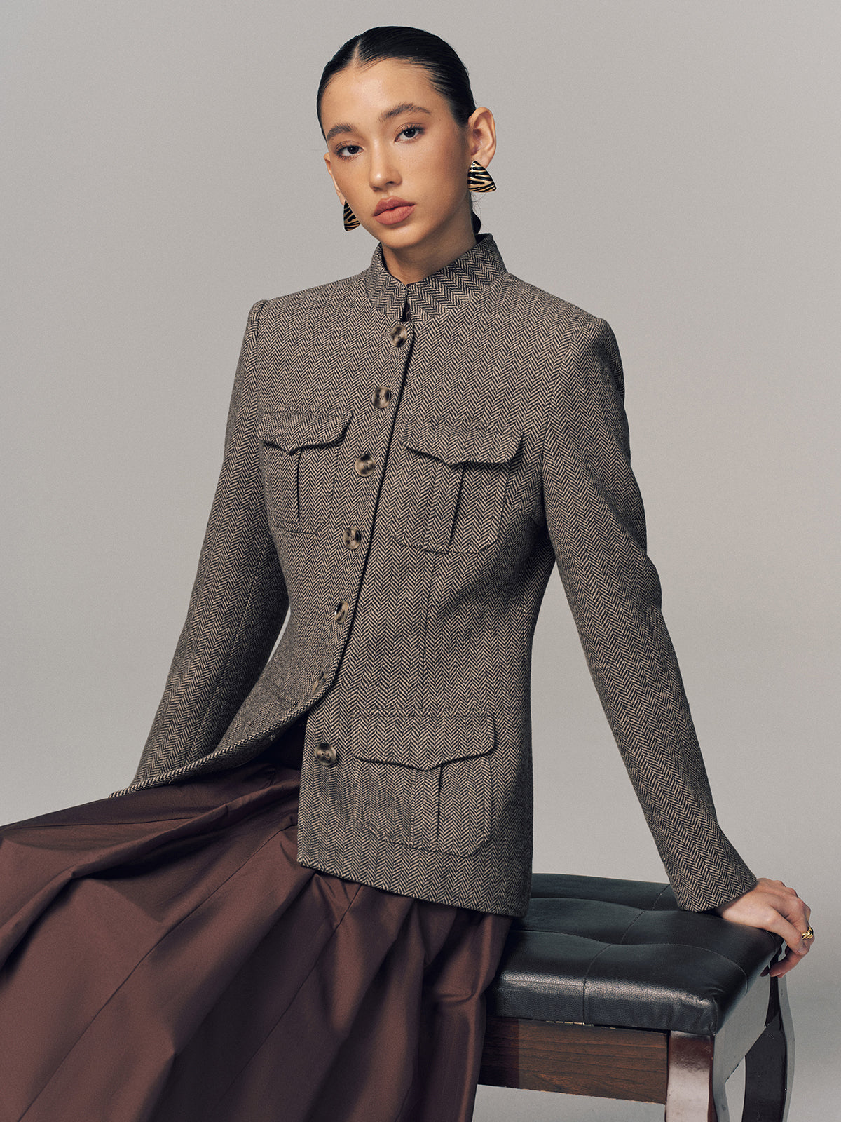 Herringbone Stand Collar Multi-Pocket Jacket-Chicvia