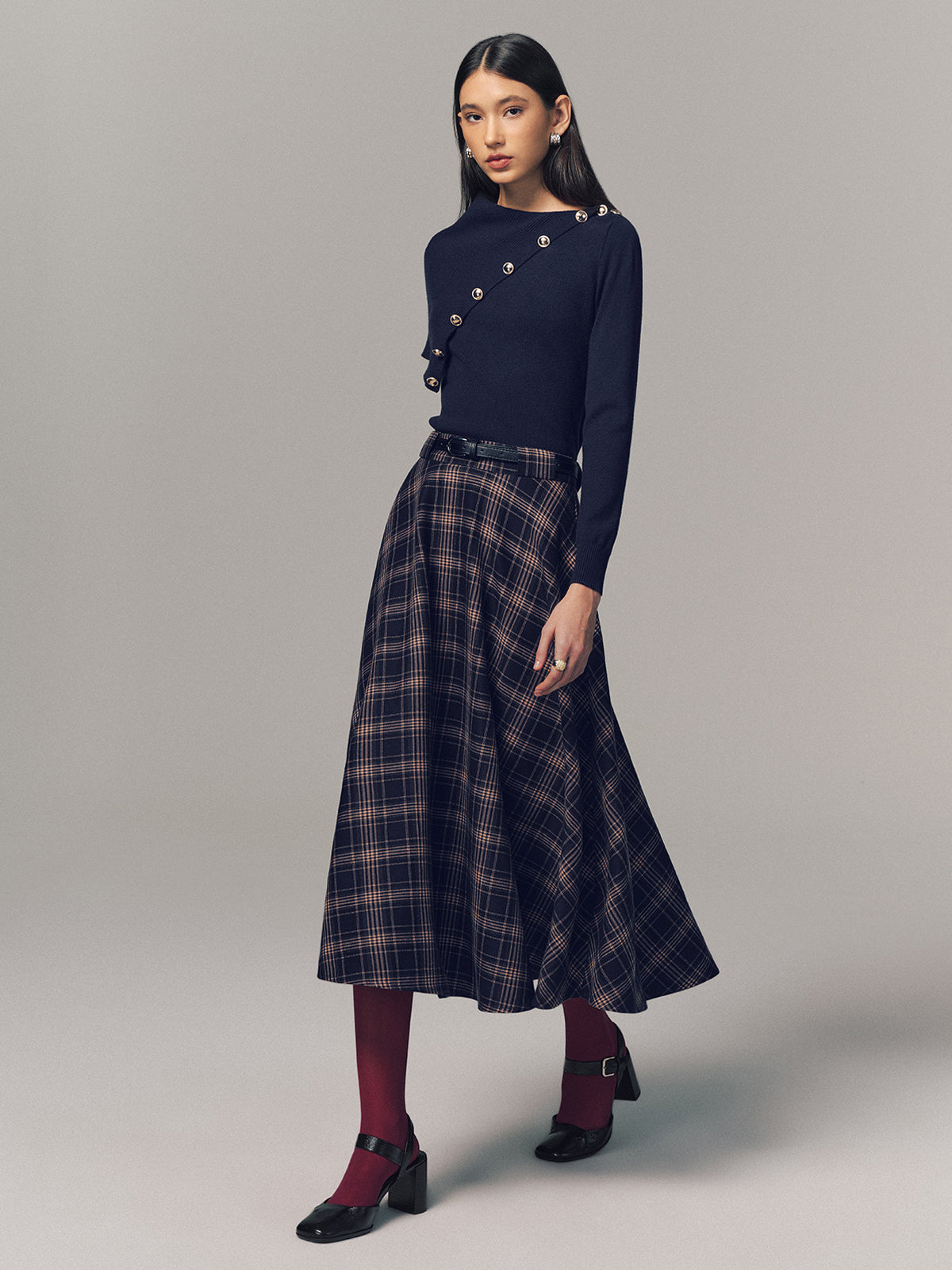 Belted Plaid A-line Midi Skirt-Chicvia