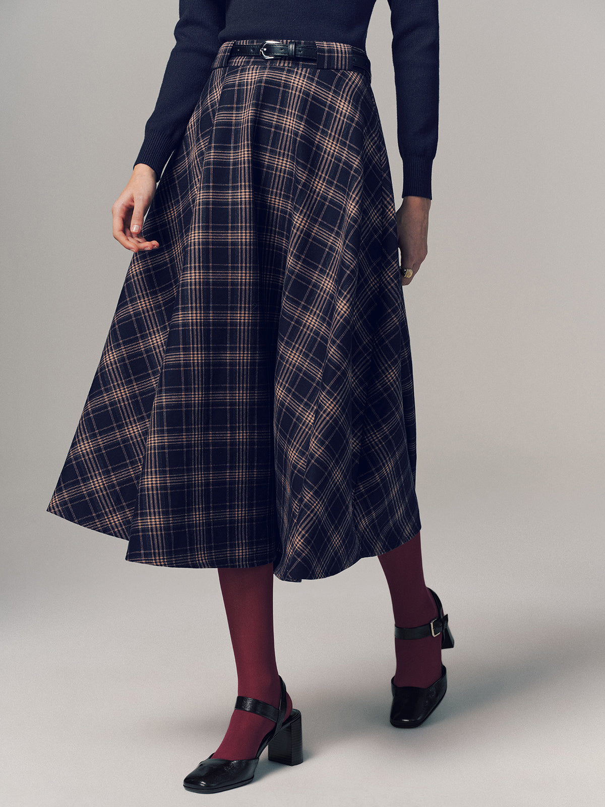 Belted Plaid A-line Midi Skirt-Chicvia