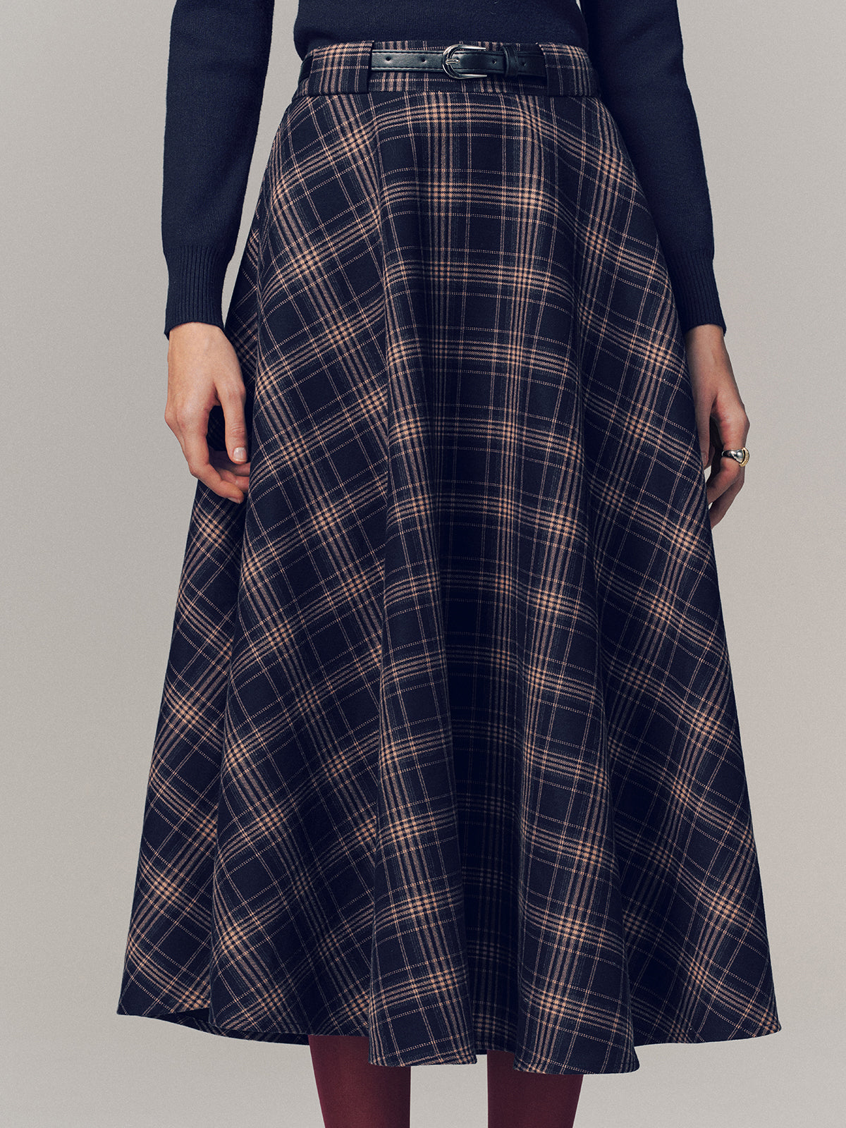 Belted Plaid A-line Midi Skirt-Chicvia