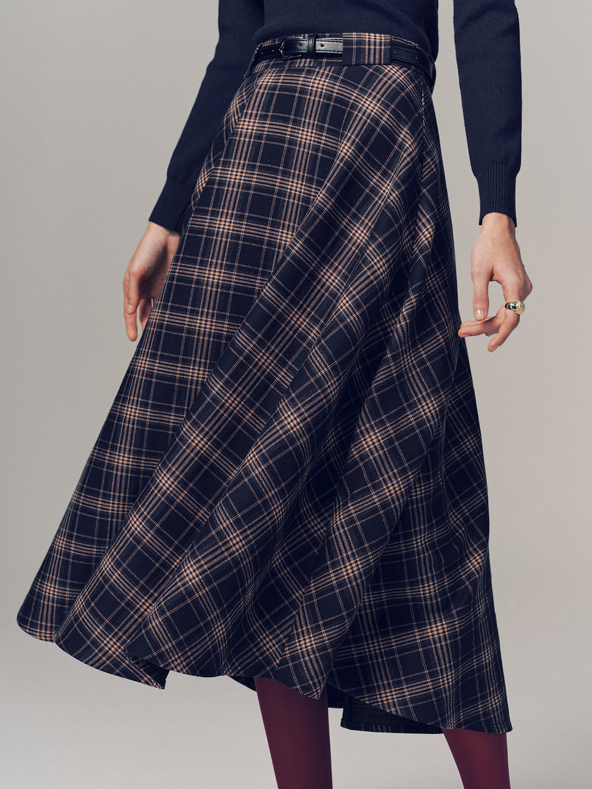 Belted Plaid A-line Midi Skirt-Chicvia