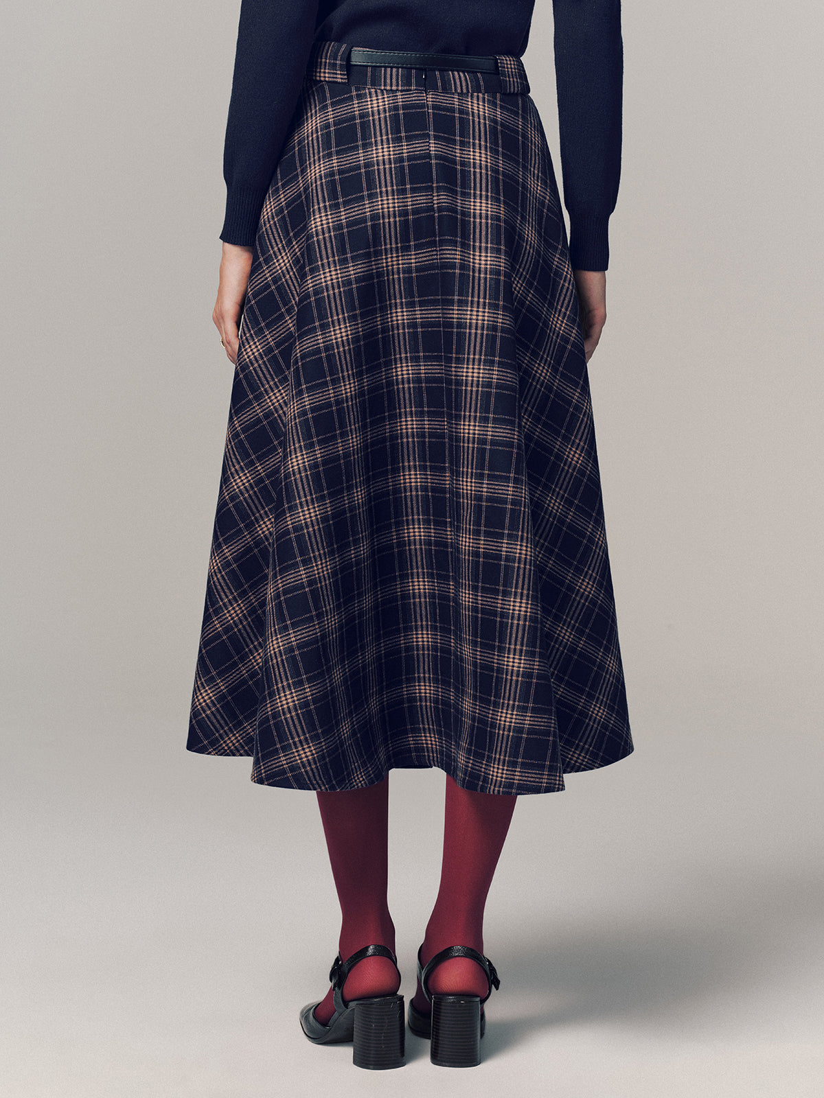 Belted Plaid A-line Midi Skirt-Chicvia