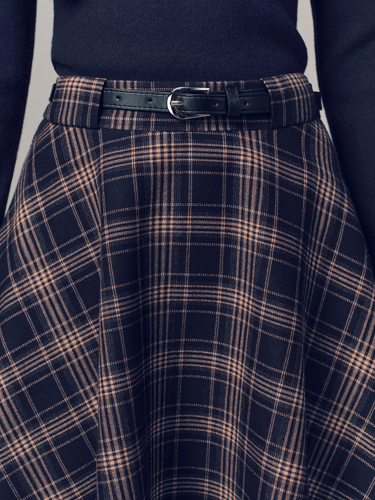 Belted Plaid A-line Midi Skirt-Chicvia