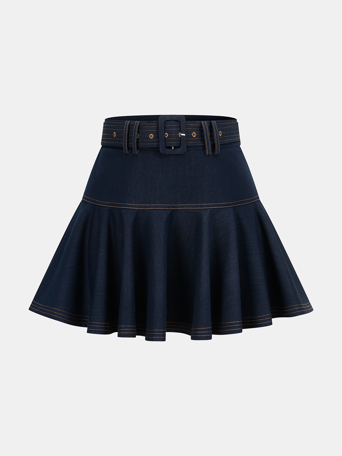 Denim Belted A-Line Mini Skirt-Chicvia
