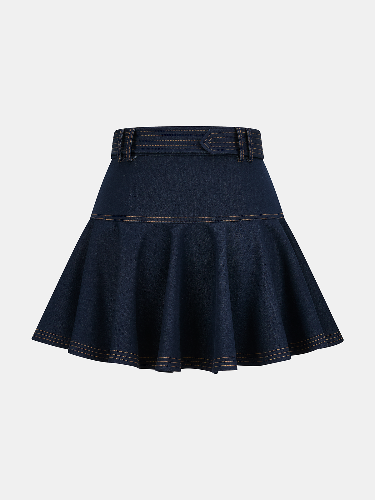 Denim Belted A-Line Mini Skirt-Chicvia