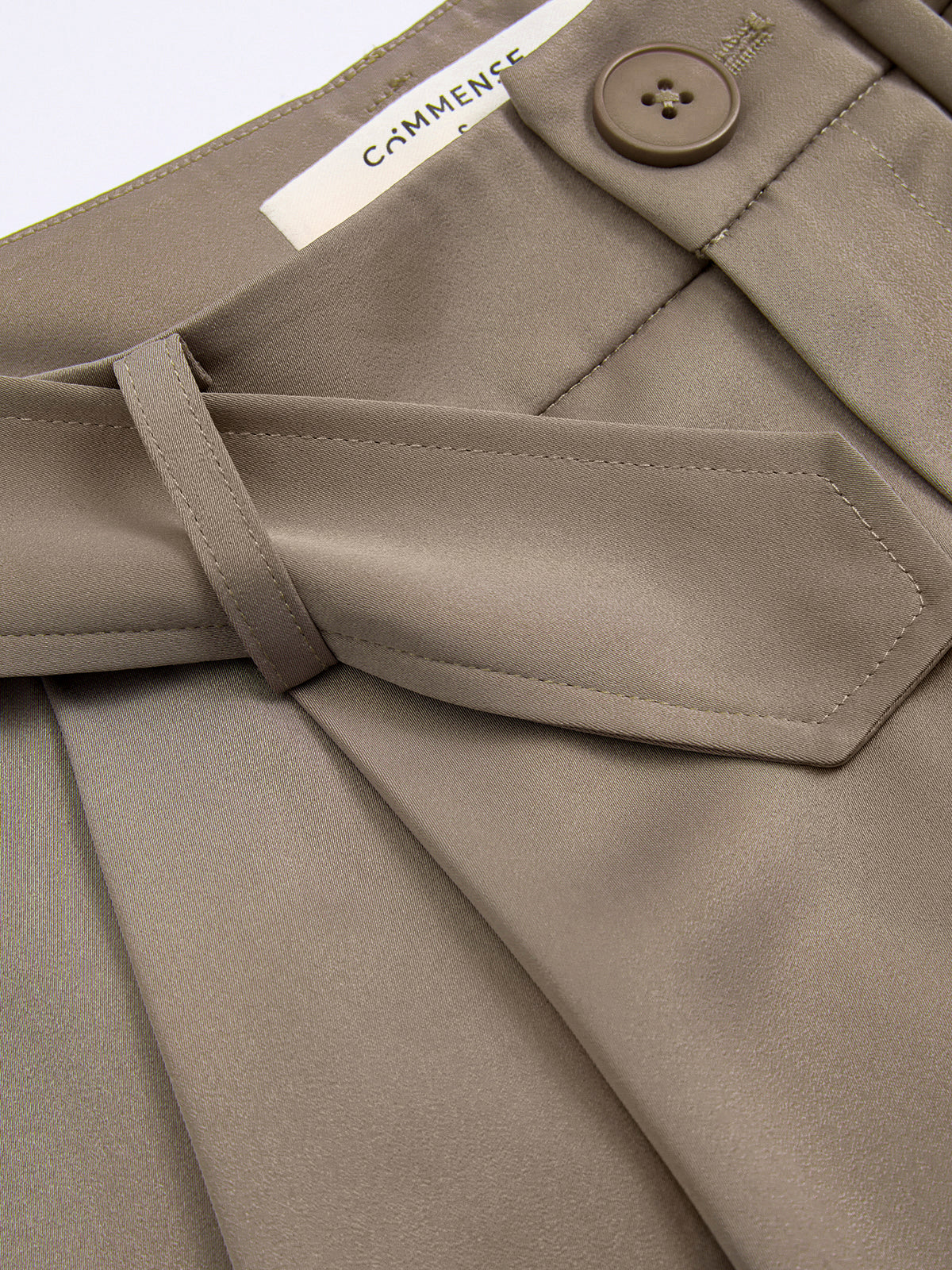 Belted Satin Pleated Wide-Leg Pants-Chicvia