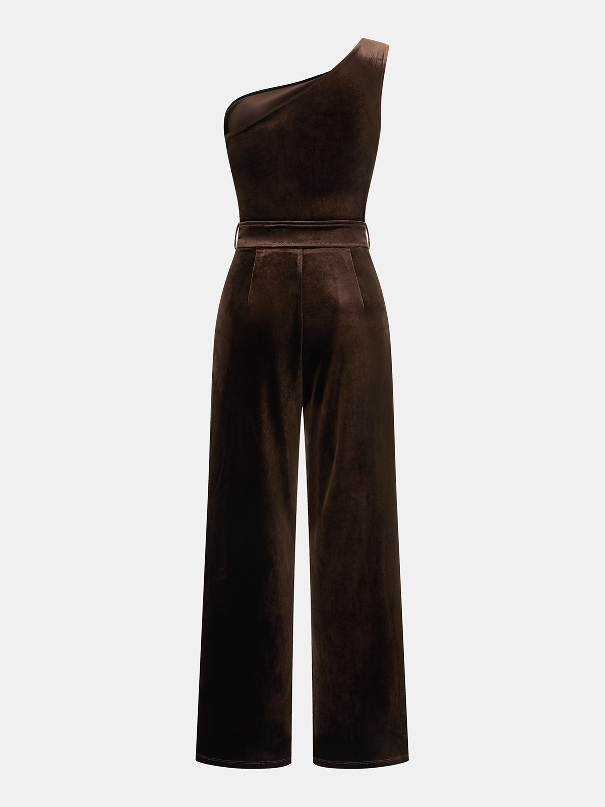 One-Shoulder Belted Velvet Metal Detail Jumpsuit-Chicvia