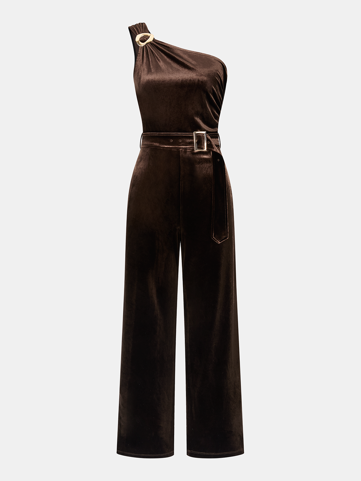 One-Shoulder Belted Velvet Metal Detail Jumpsuit-Chicvia