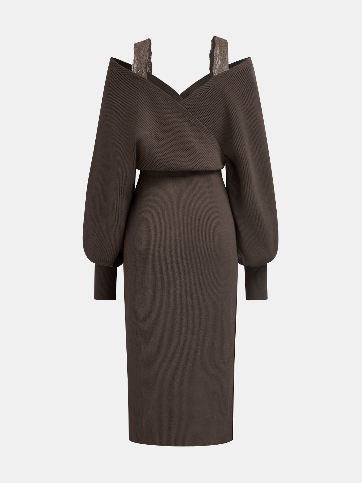 Knit Off-Shoulder Lace Split Midi Dress-Chicvia