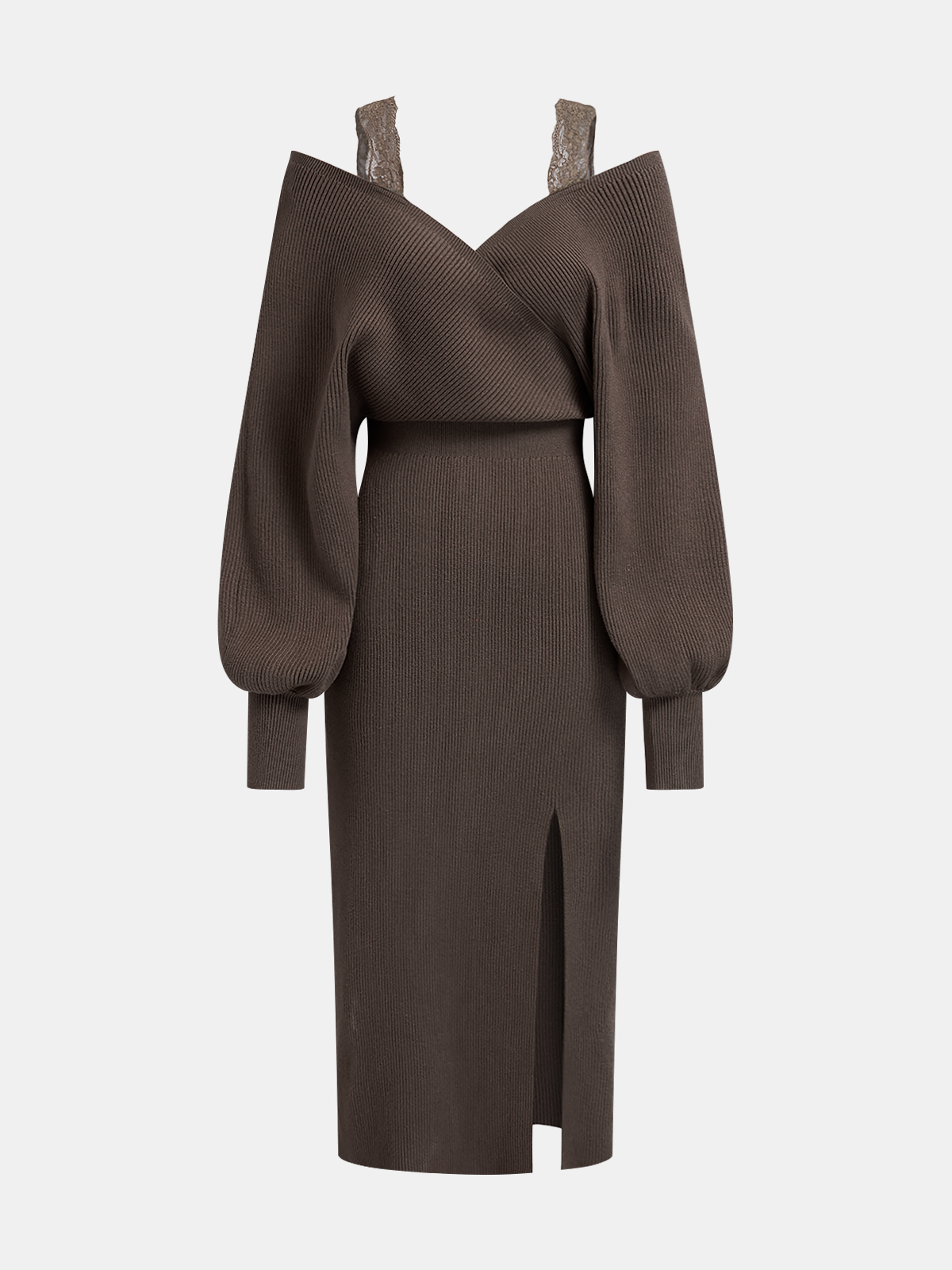 Knit Off-Shoulder Lace Split Midi Dress-Chicvia