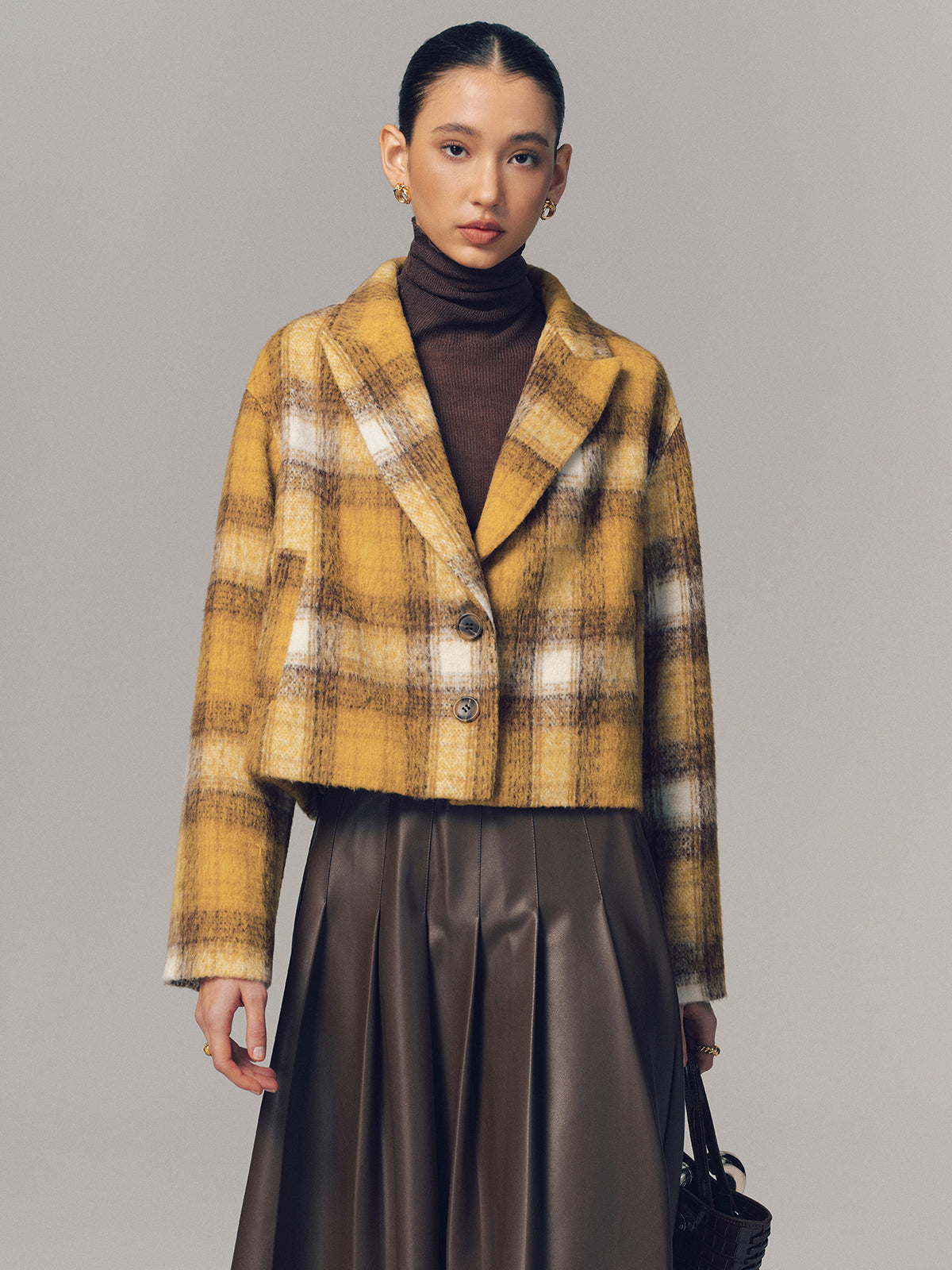 Cropped Plaid Felt Blazer-Chicvia