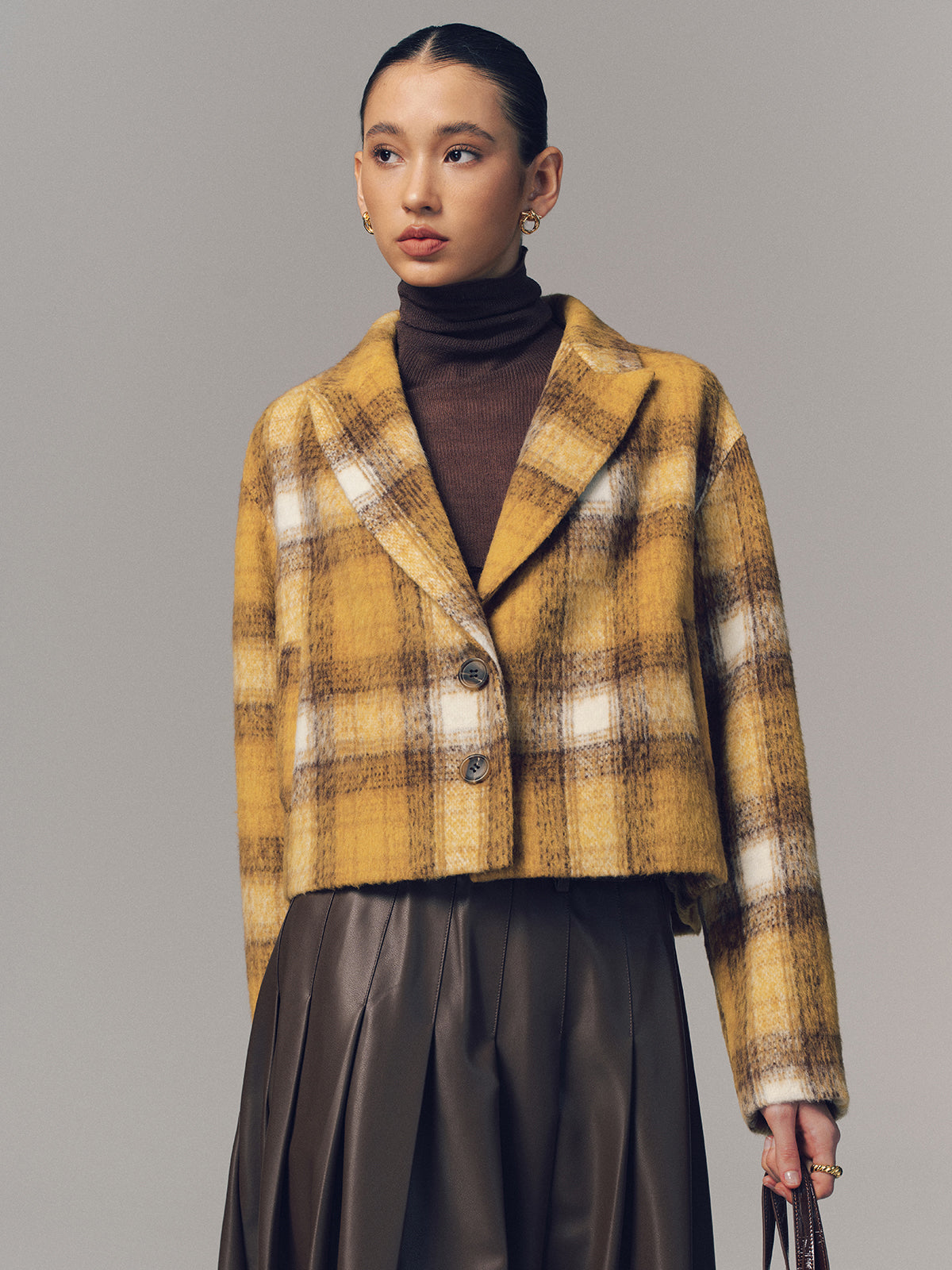 Cropped Plaid Felt Blazer-Chicvia