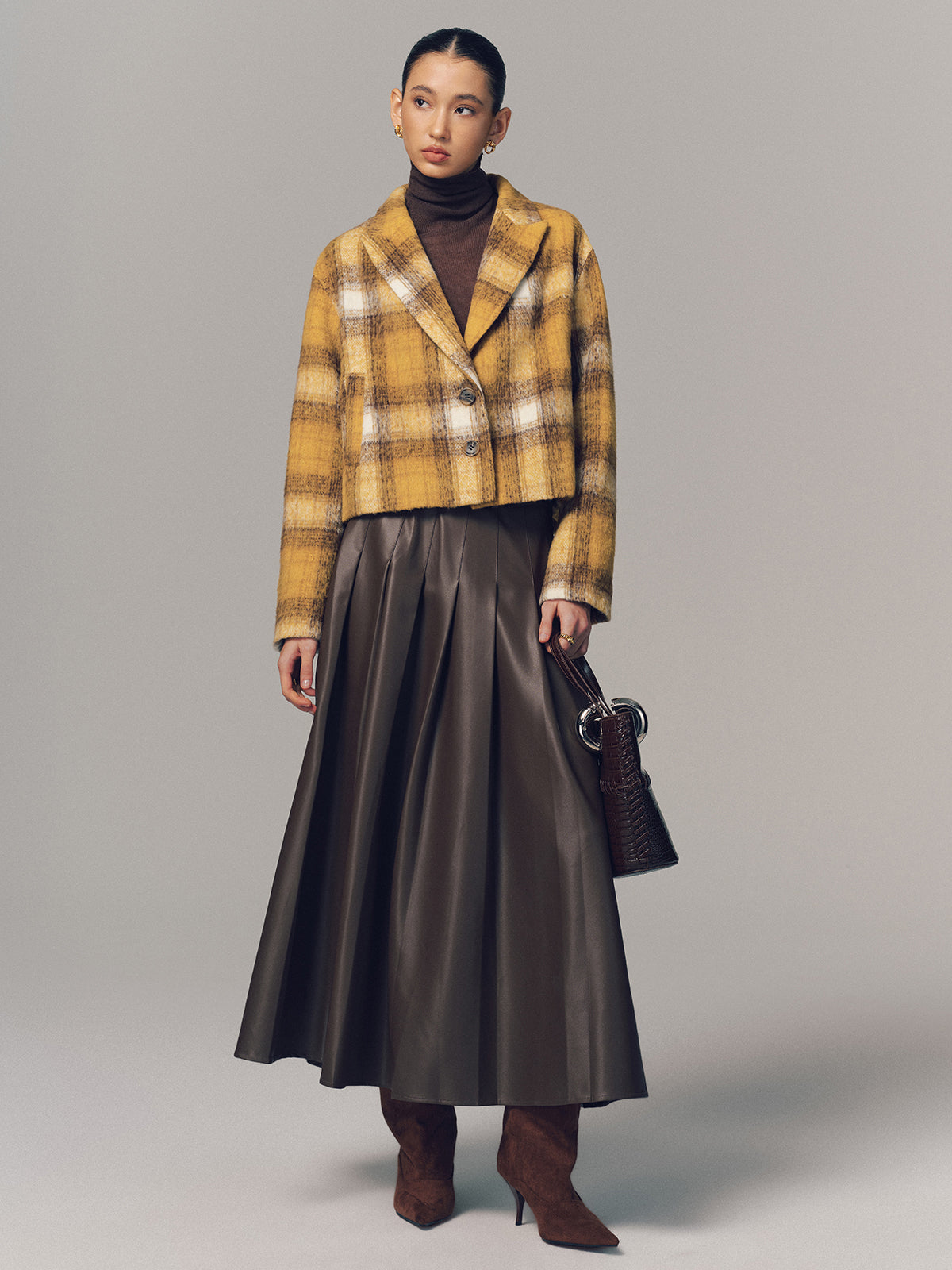 Cropped Plaid Felt Blazer-Chicvia