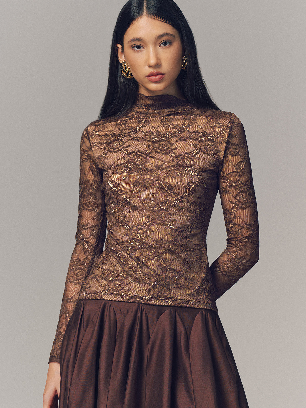 Lace Mock Neck Long-Sleeve Top-Chicvia