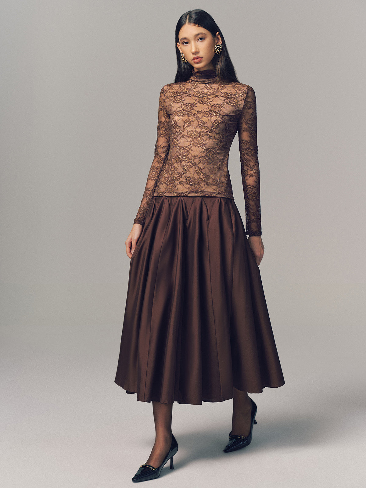 Lace Mock Neck Long-Sleeve Top-Chicvia