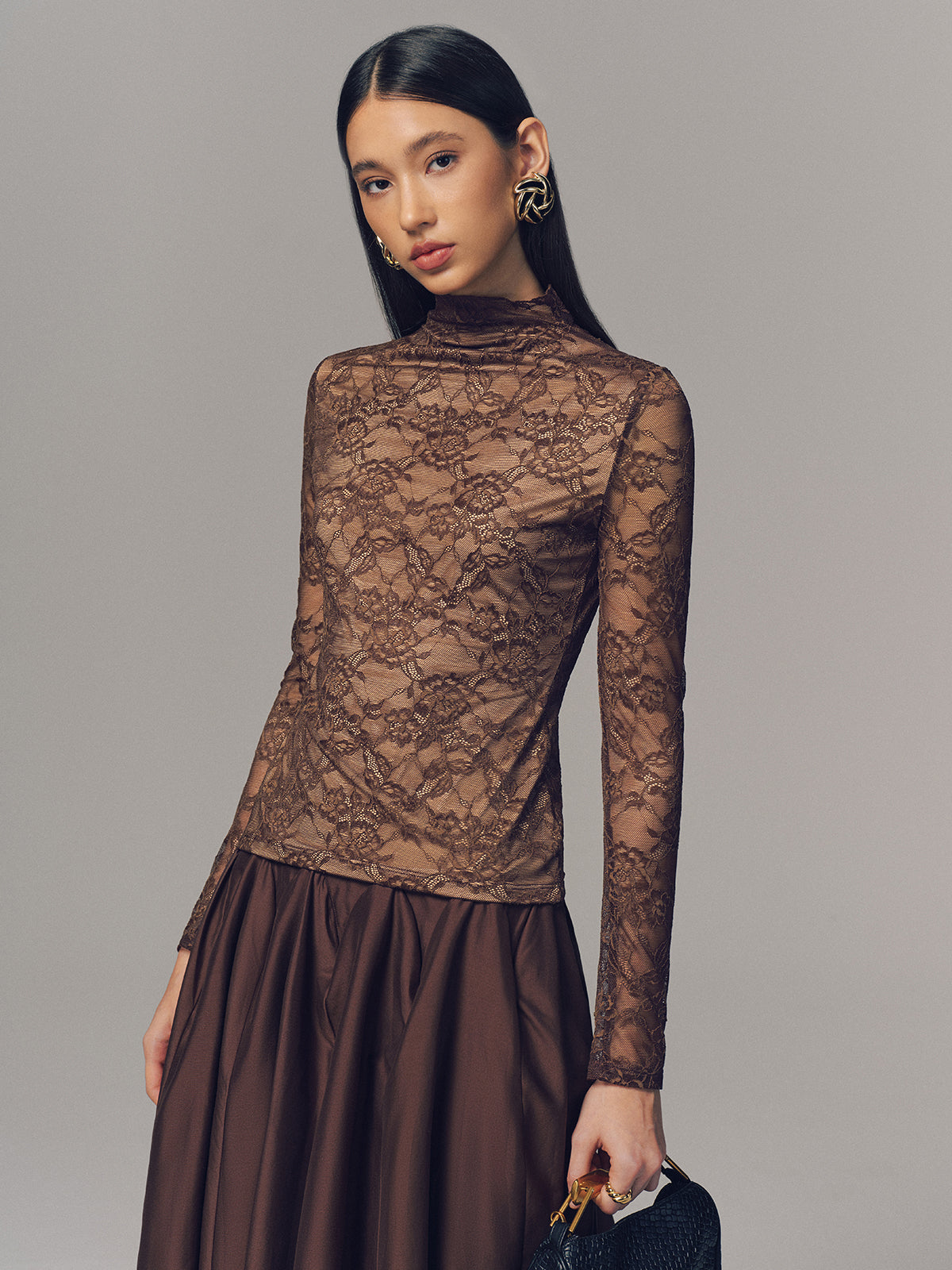 Lace Mock Neck Long-Sleeve Top-Chicvia