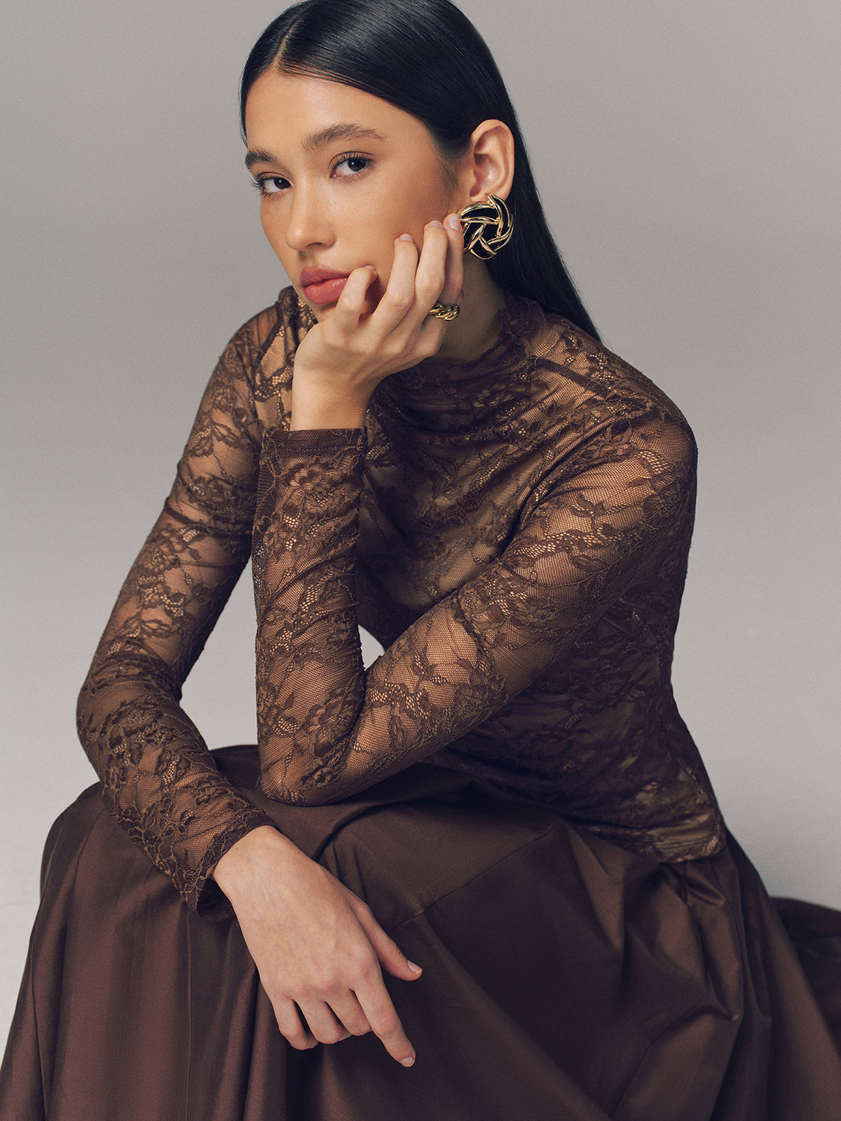 Lace Mock Neck Long-Sleeve Top-Chicvia