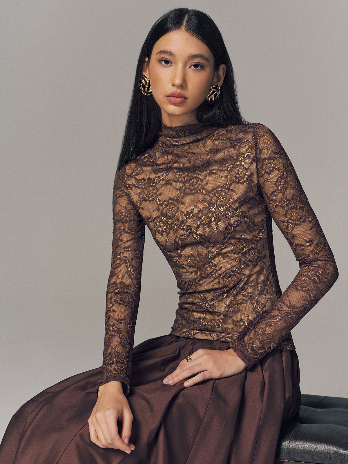 Lace Mock Neck Long-Sleeve Top-Chicvia