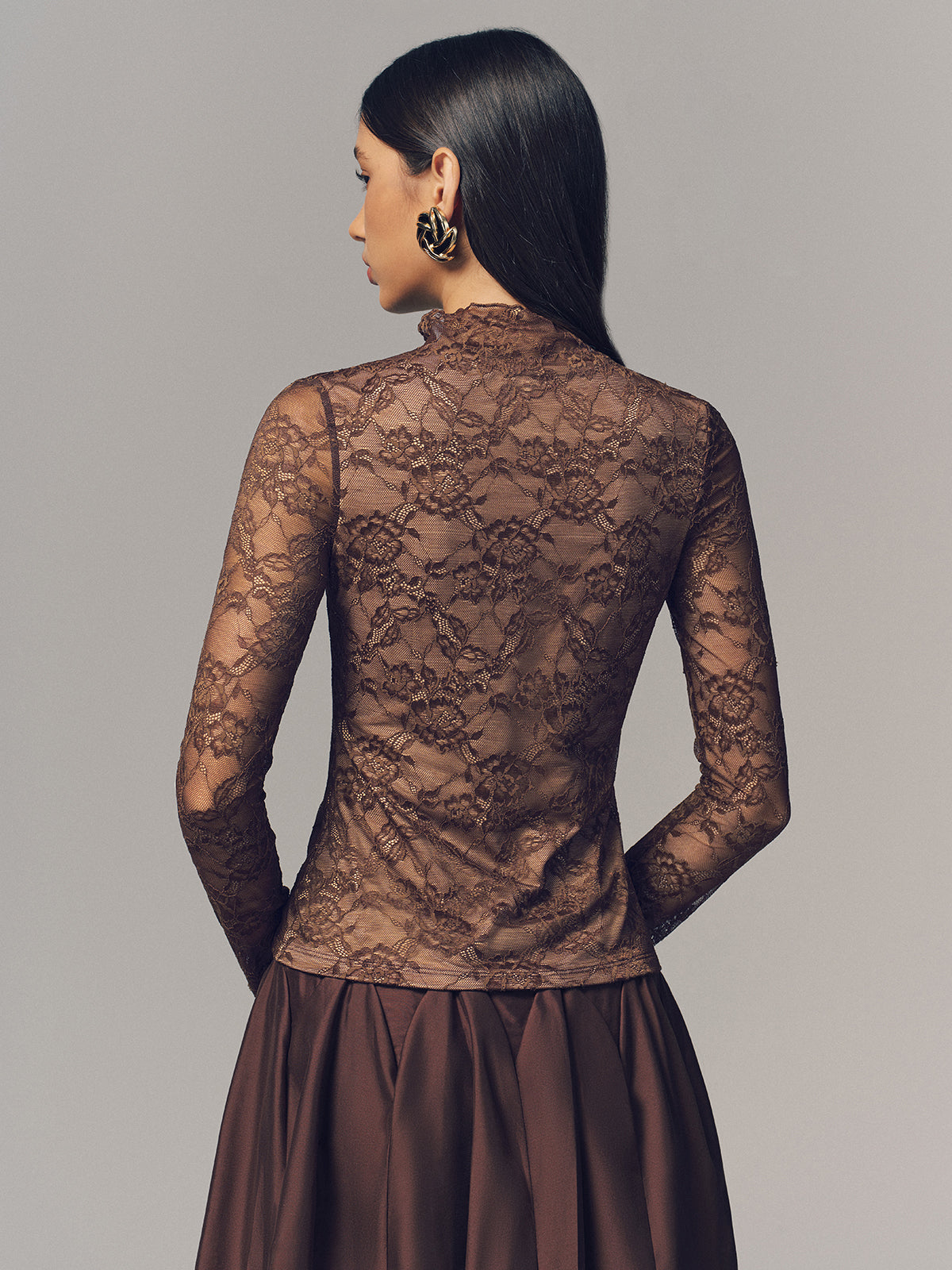 Lace Mock Neck Long-Sleeve Top-Chicvia