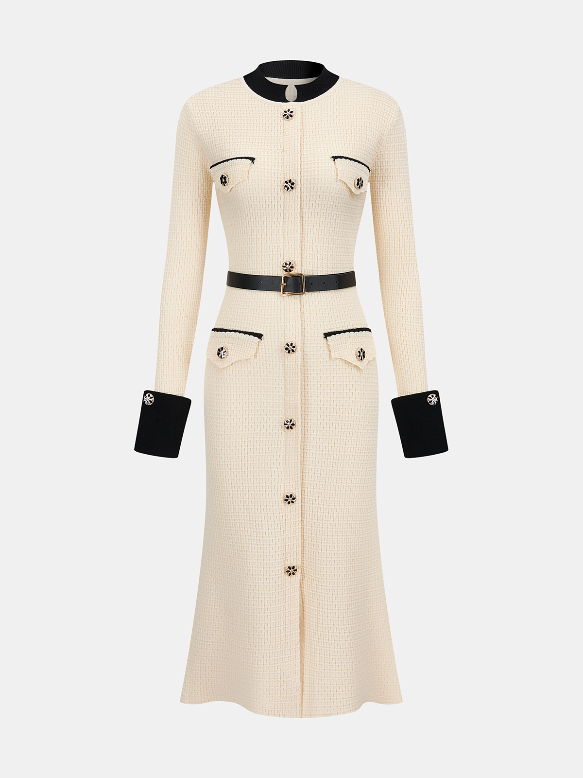 Contrast-Trim Button-Front Midi Dress with Belt-Chicvia