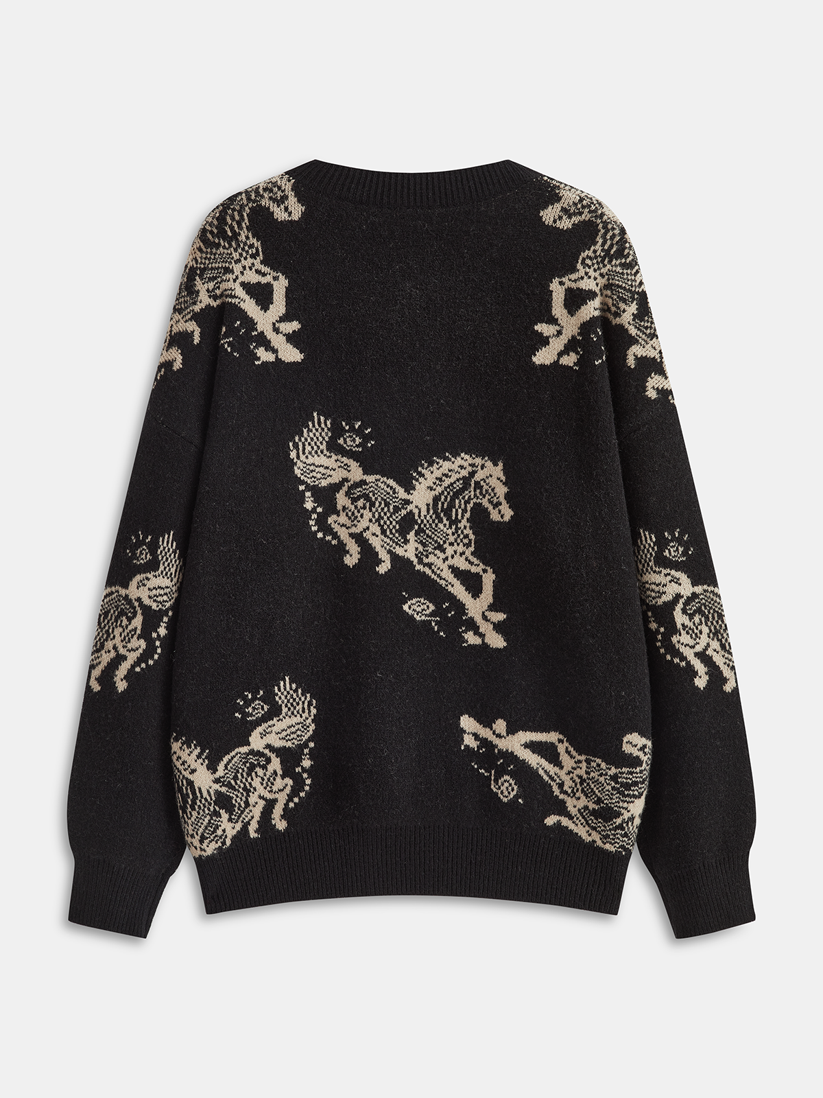Horse-Patterned Loose Crew Neck Knit Sweater-Chicvia