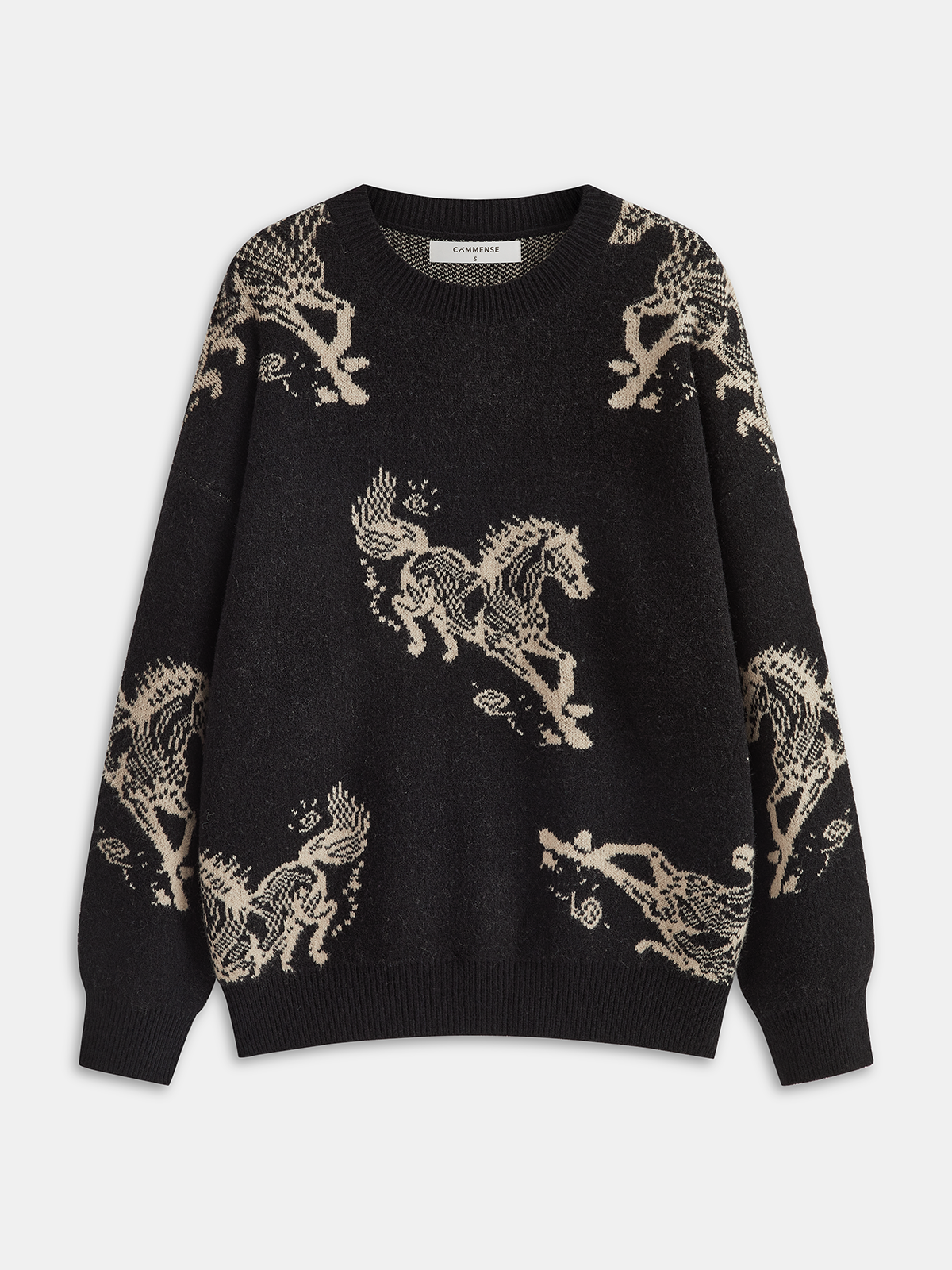 Horse-Patterned Loose Crew Neck Knit Sweater-Chicvia