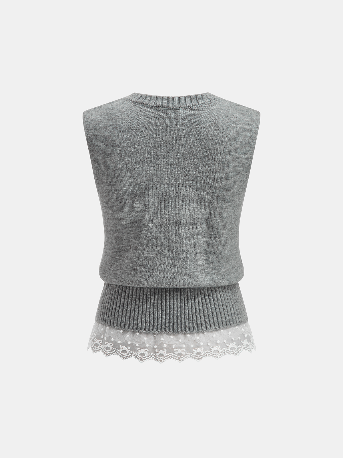 Pearl Button Tie-Waist Lace Hem Sweater Vest-Chicvia