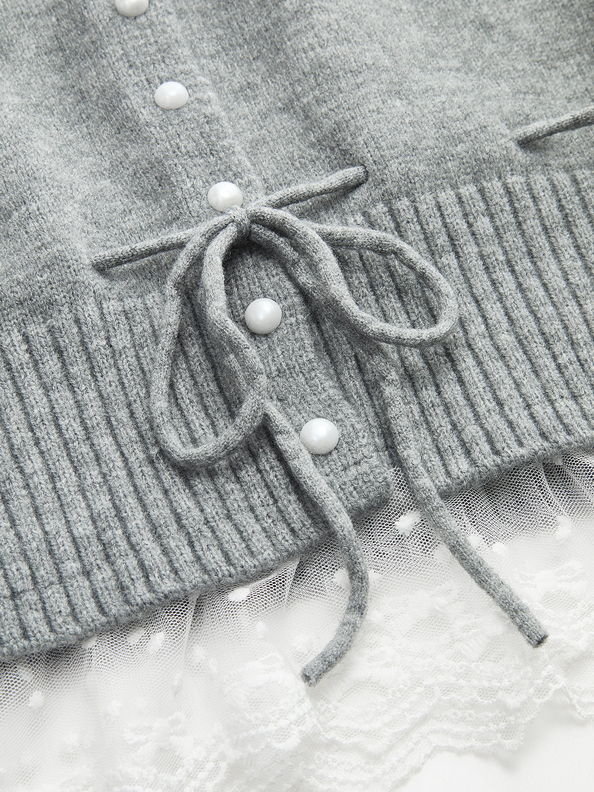 Pearl Button Tie-Waist Lace Hem Sweater Vest-Chicvia