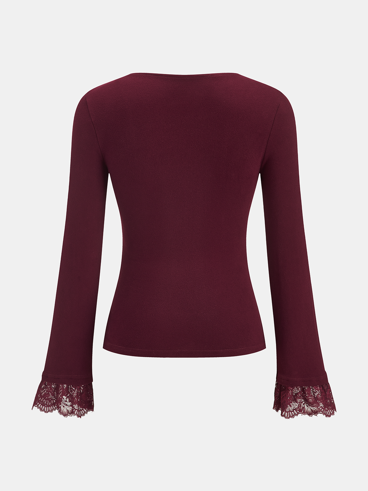 Lace Panel V-Neck Long-Sleeve Top-Chicvia