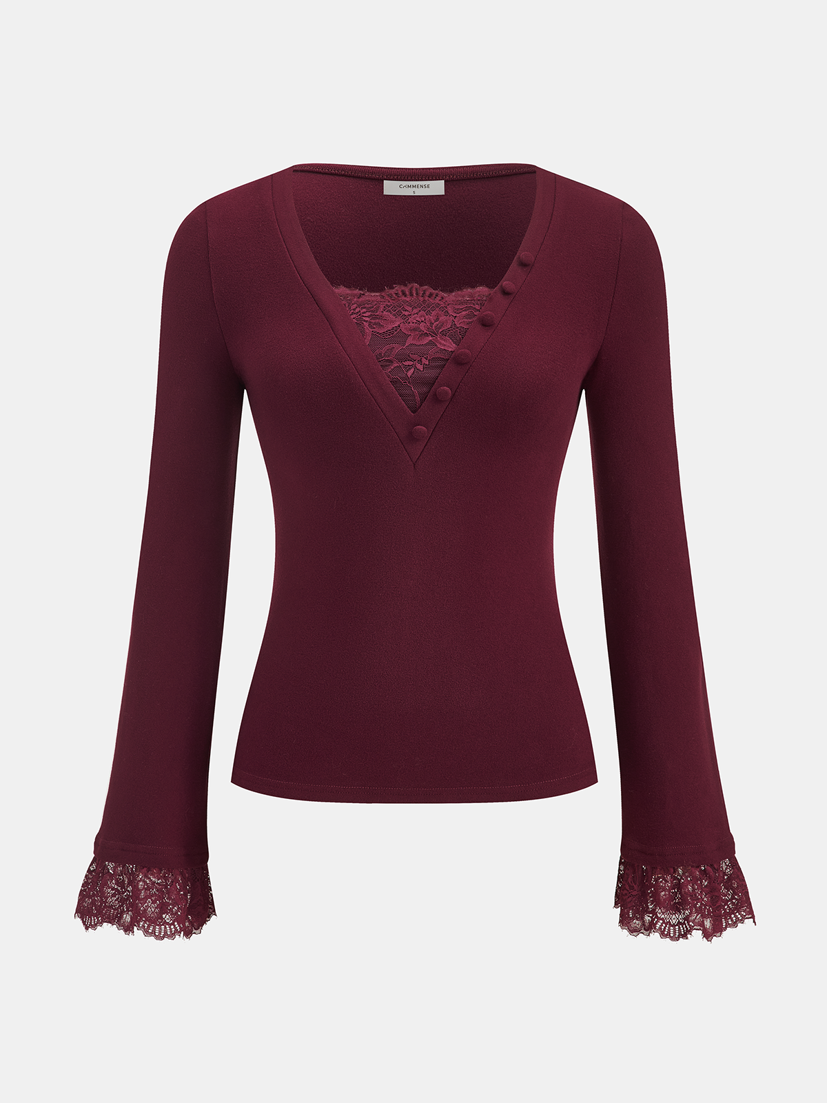 Lace Panel V-Neck Long-Sleeve Top-Chicvia