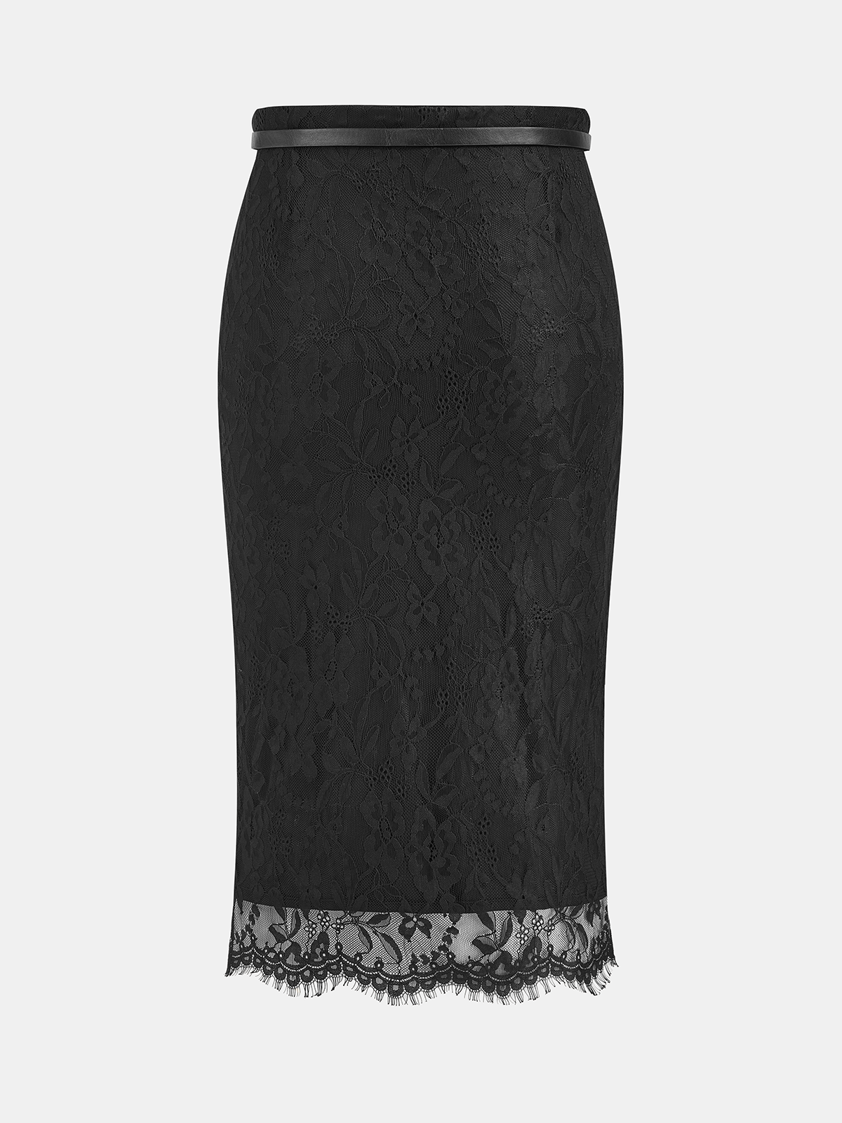 Lace Textured Belted Straight Midi Skirt-Chicvia