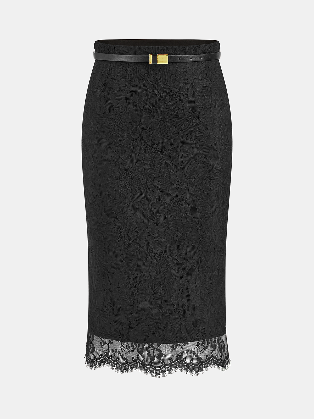 Lace Textured Belted Straight Midi Skirt-Chicvia