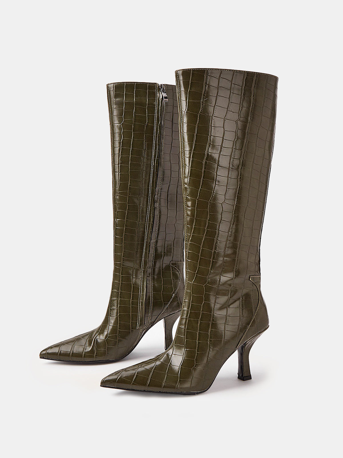 Knee-High Crocodile Pointed Boots-Chicvia