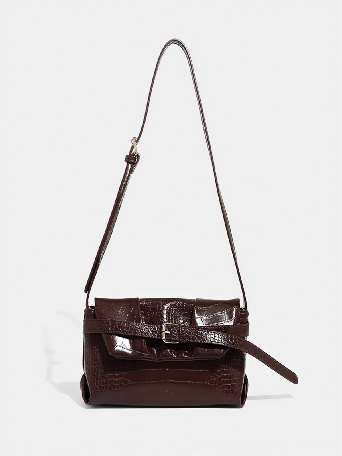 Crocodile-Embossed Buckle Crossbody Bag-Chicvia