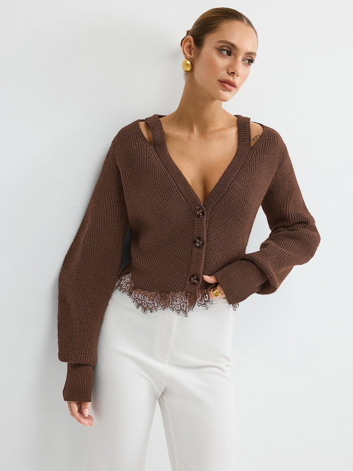 Lace Hem Wool Blend Cardigan-Chicvia
