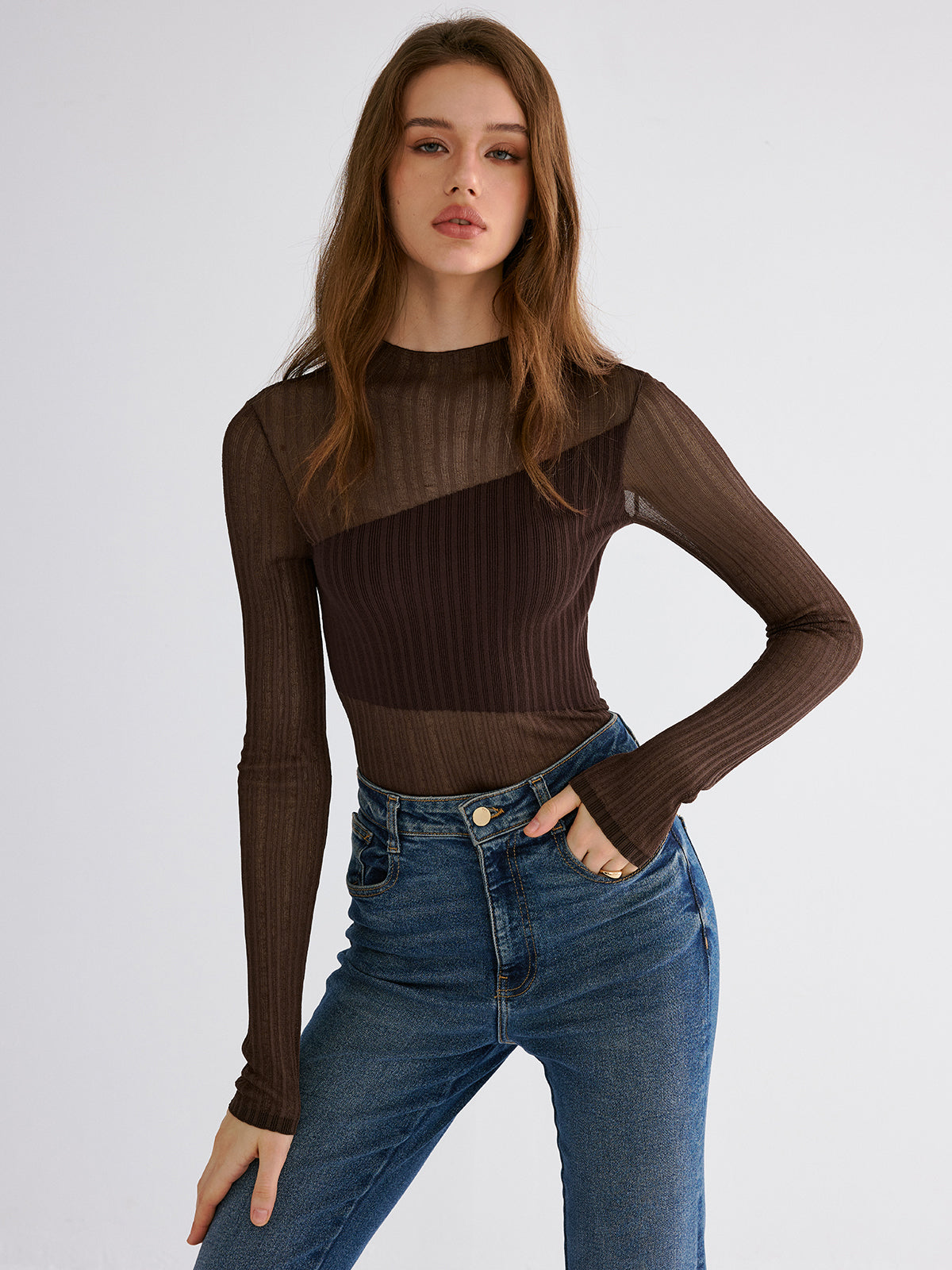 Mock Neck Contrast Mesh Top-Chicvia