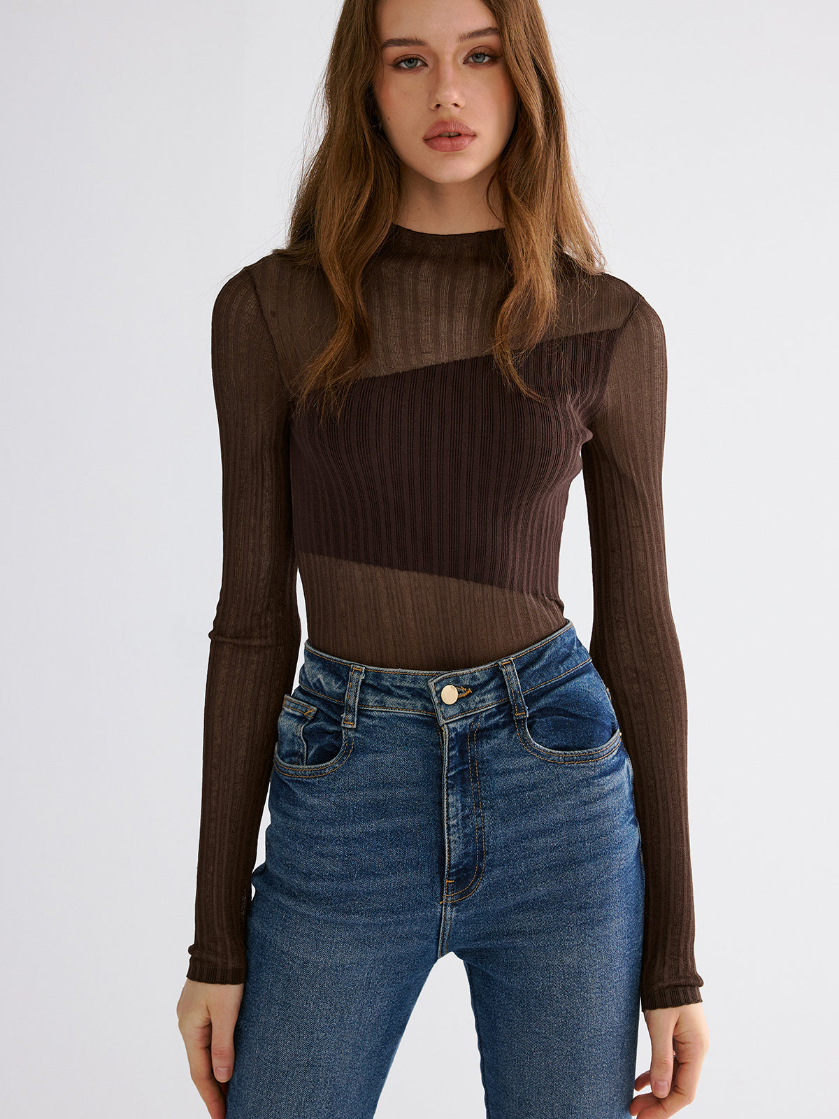 Mock Neck Contrast Mesh Top-Chicvia