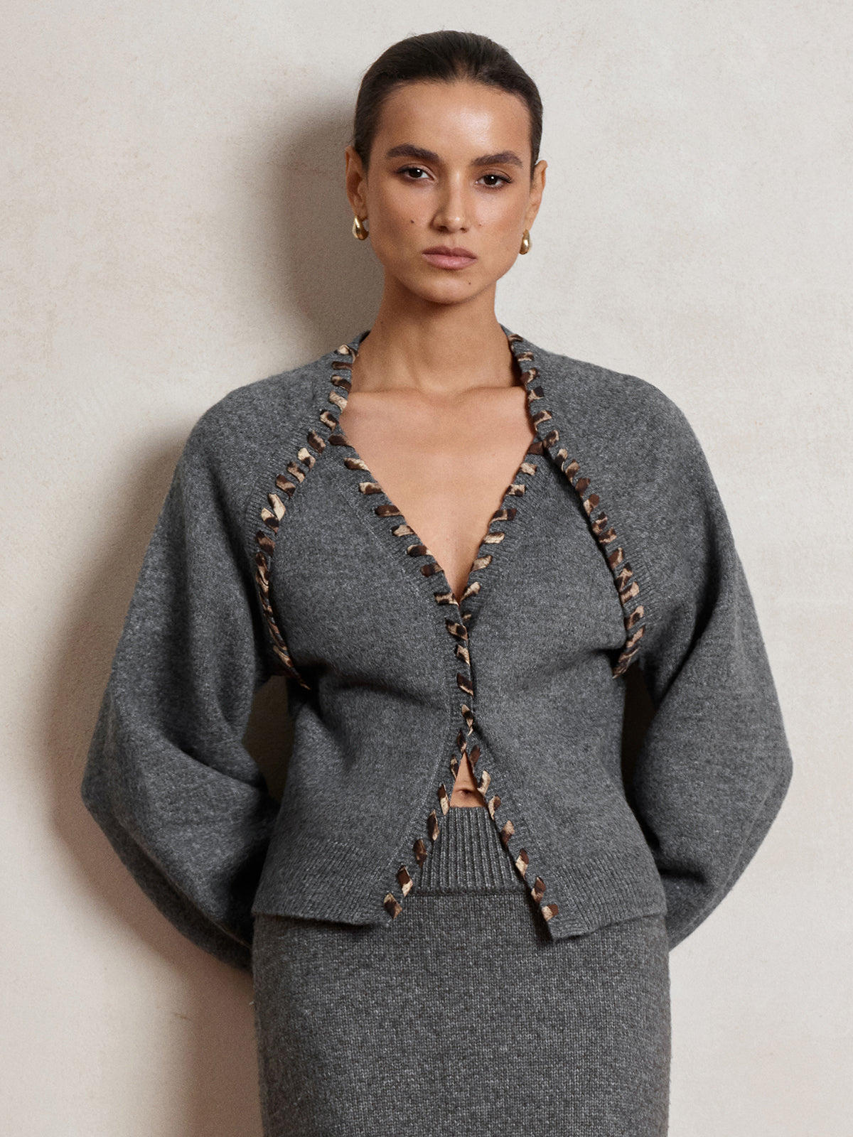 Lace-Up Trim V-Neck Cardigan-Chicvia
