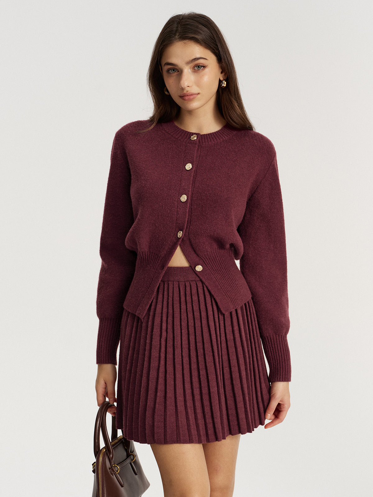 Metal Button Cardigan and Pleated Mini Skirt Set-Chicvia