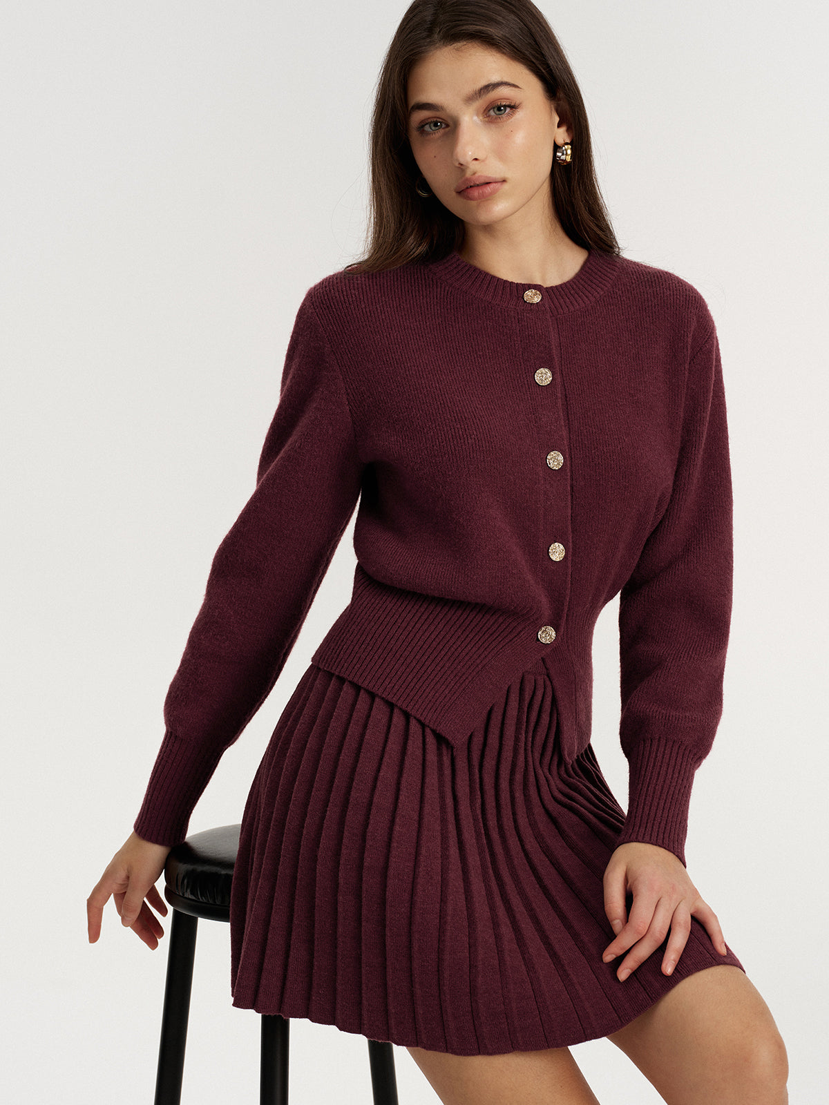 Metal Button Cardigan and Pleated Mini Skirt Set-Chicvia