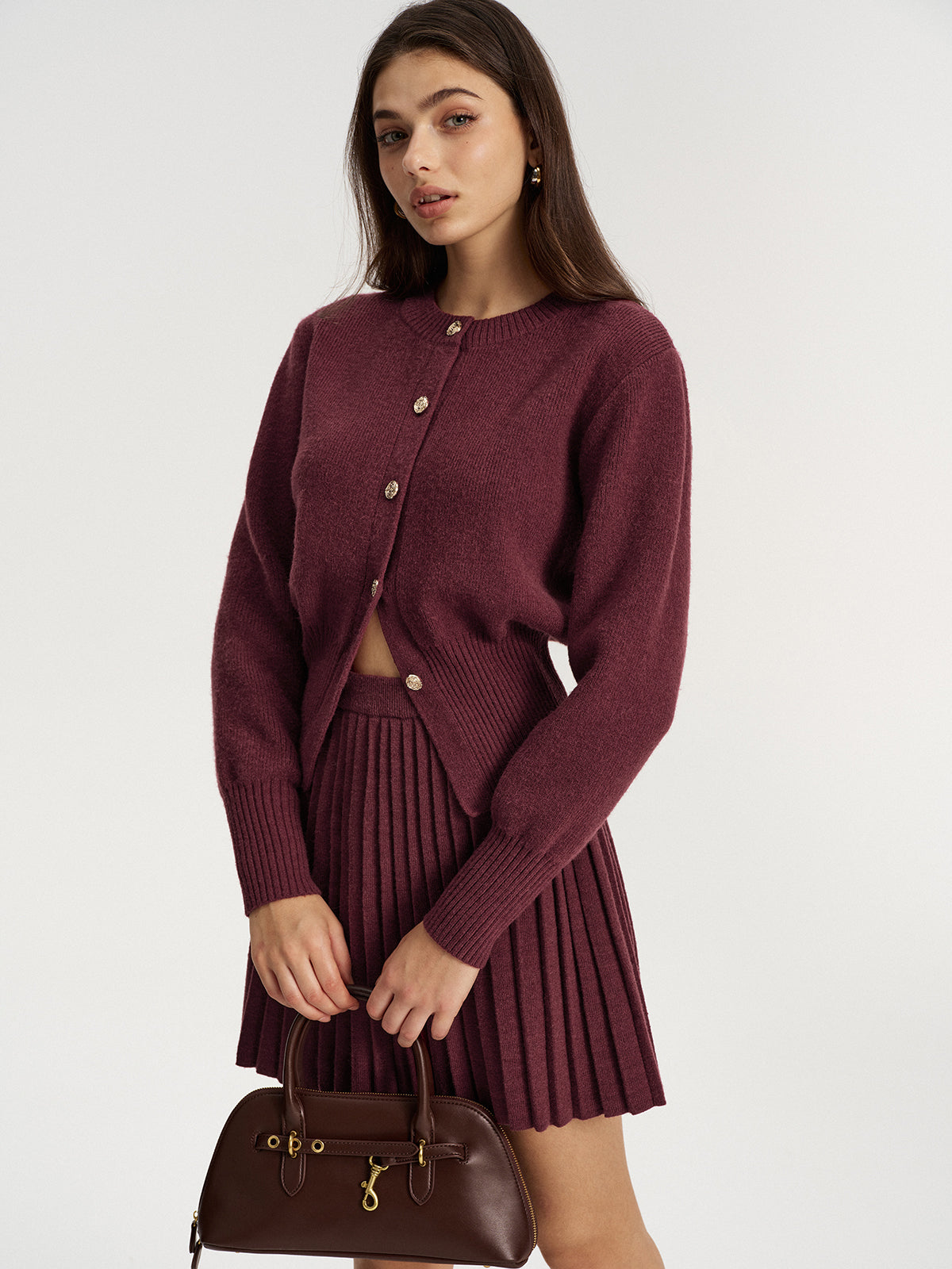 Metal Button Cardigan and Pleated Mini Skirt Set-Chicvia