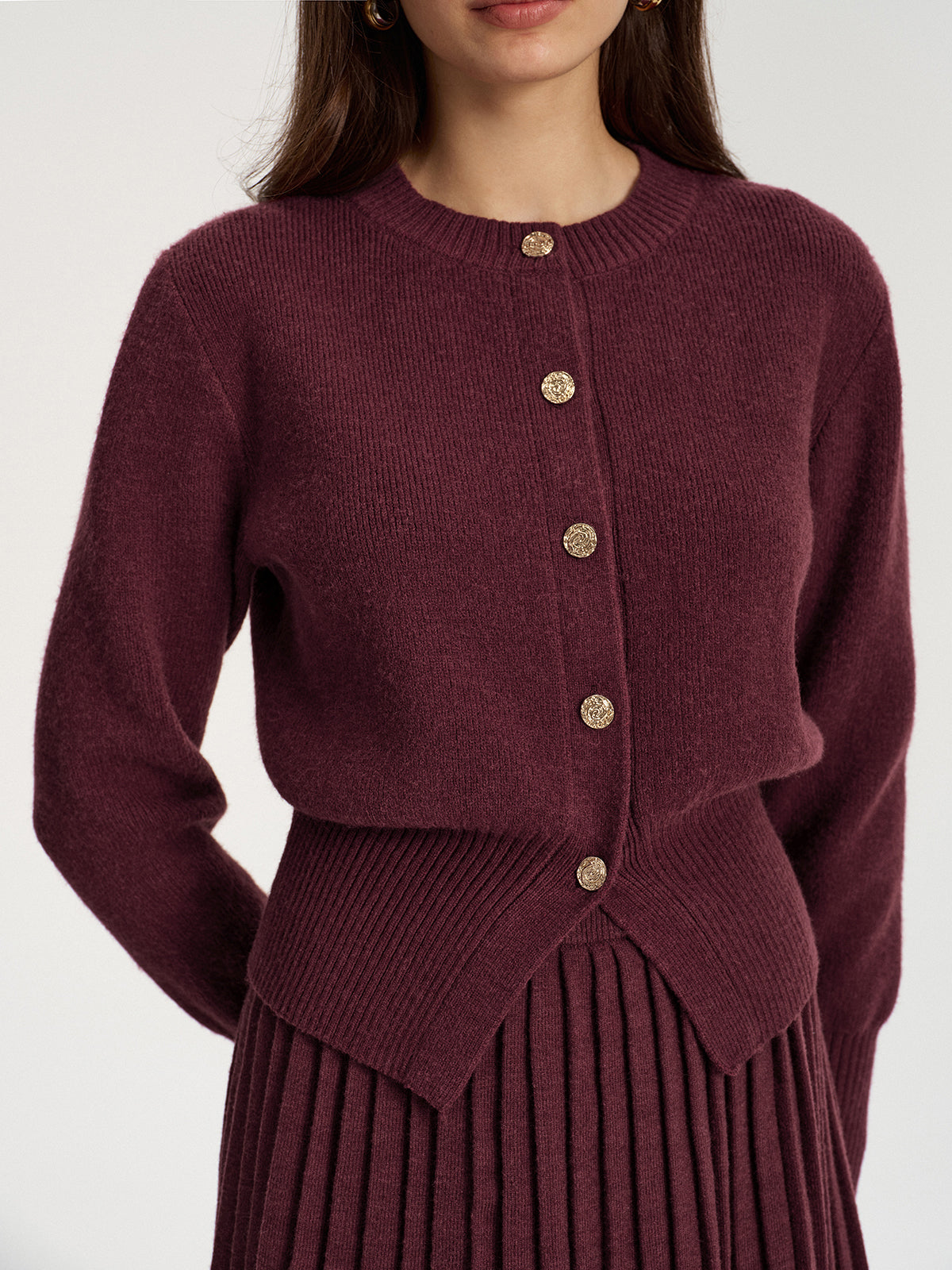 Metal Button Cardigan and Pleated Mini Skirt Set-Chicvia