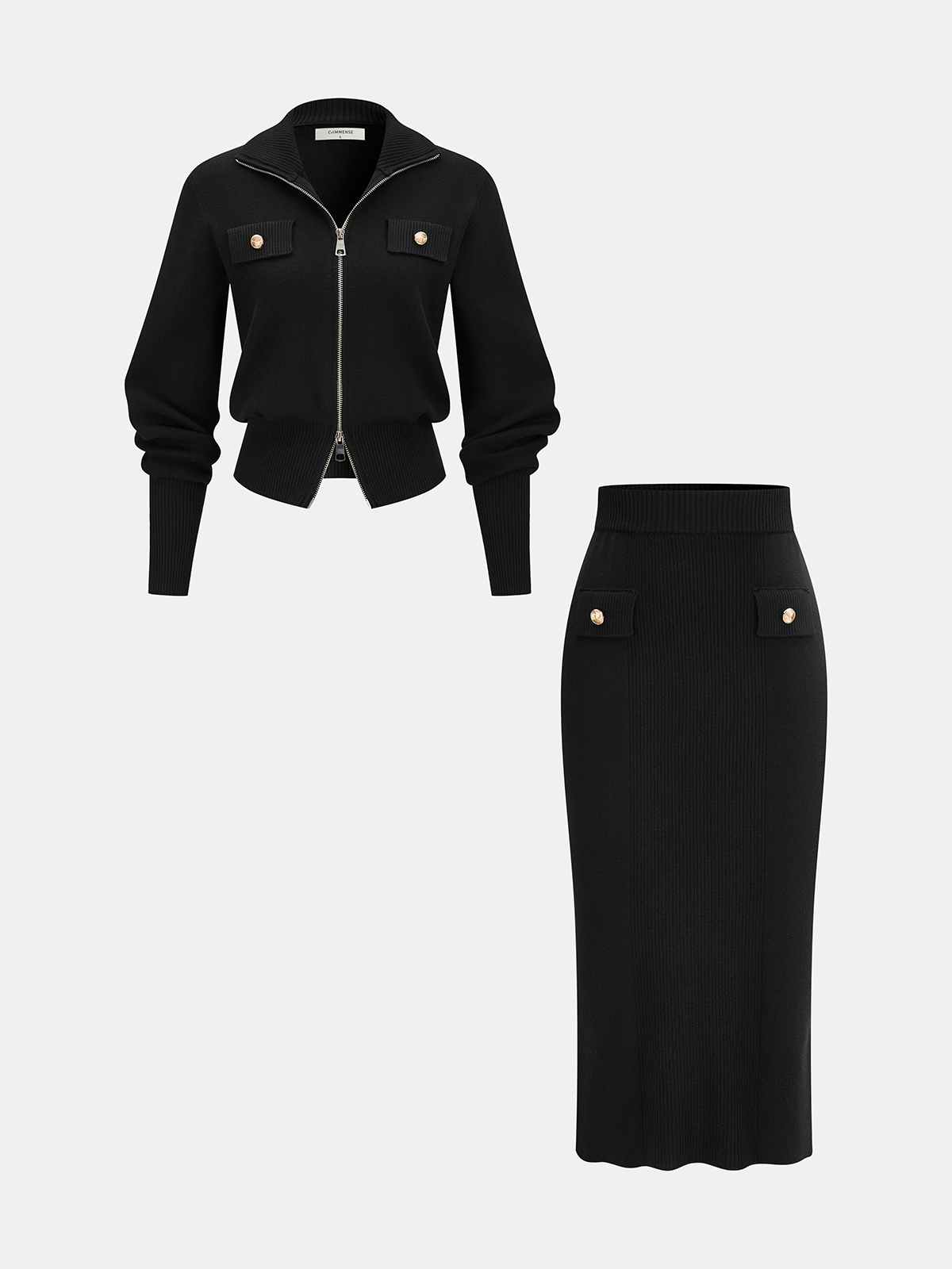 Knit Zipper Jacket & Pencil Skirt Set-Chicvia