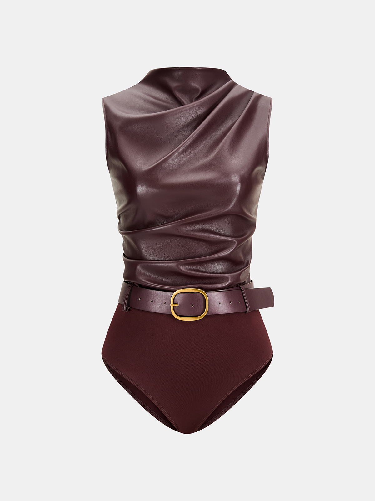 Belted Ruched Sleeveless Faux Leather Bodysuit-Chicvia