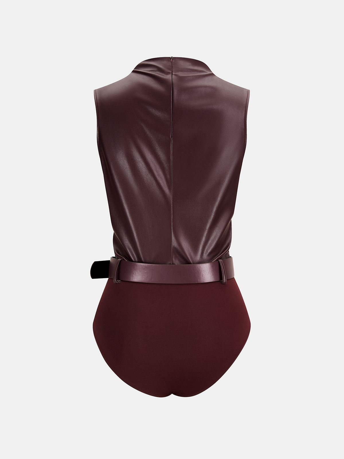 Belted Ruched Sleeveless Faux Leather Bodysuit-Chicvia